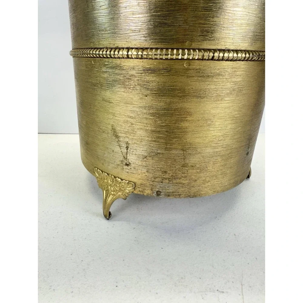 Vintage Hollywood Regency Gold Tone Metal Wastebasket W/ Acrylic Liner Footed
